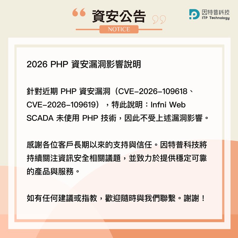 2026 PHP 資安漏洞影響說明:Infni Web SCADA 未使用 PHP,不受影響